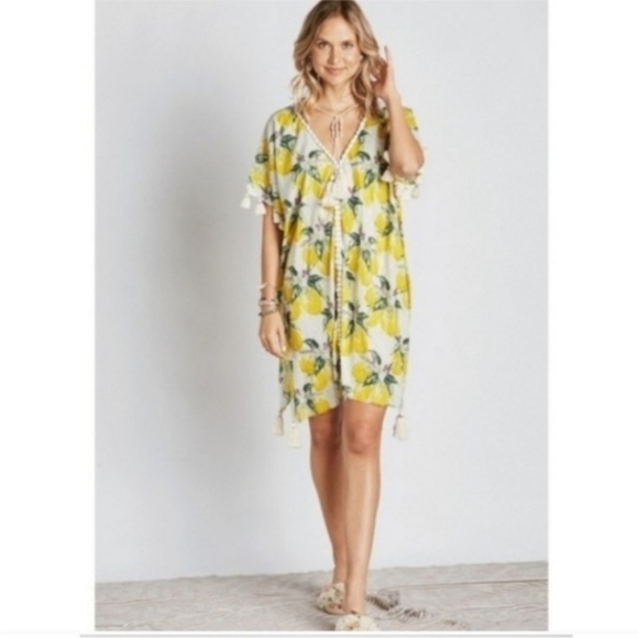 Z&L Lemon Lemonade Gold Stripe Tassel Coverup Caftan Tunic Shirt Top - Picture 2 of 11